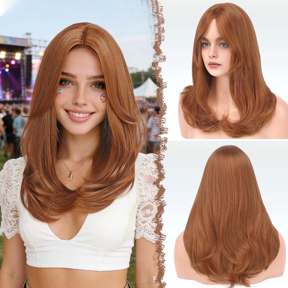 Wigs with Bangs for Women Synthetic Natural Looking Long Layered Straight Hair
